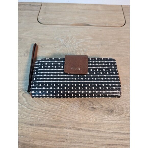 Fossil Handbags - Fossil Womens Bifold Wallet Black Geometric Genuine Leather Zipper Pocket Modern